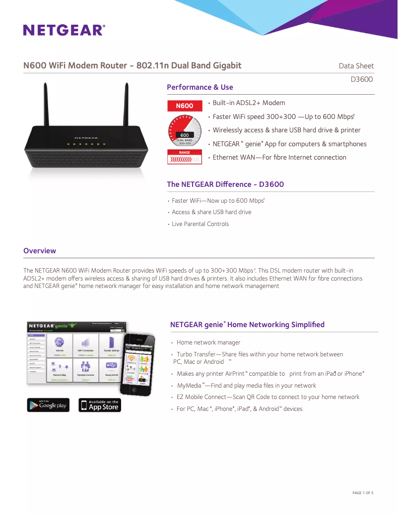 Page 1 de la notice Fiche technique Netgear D3600
