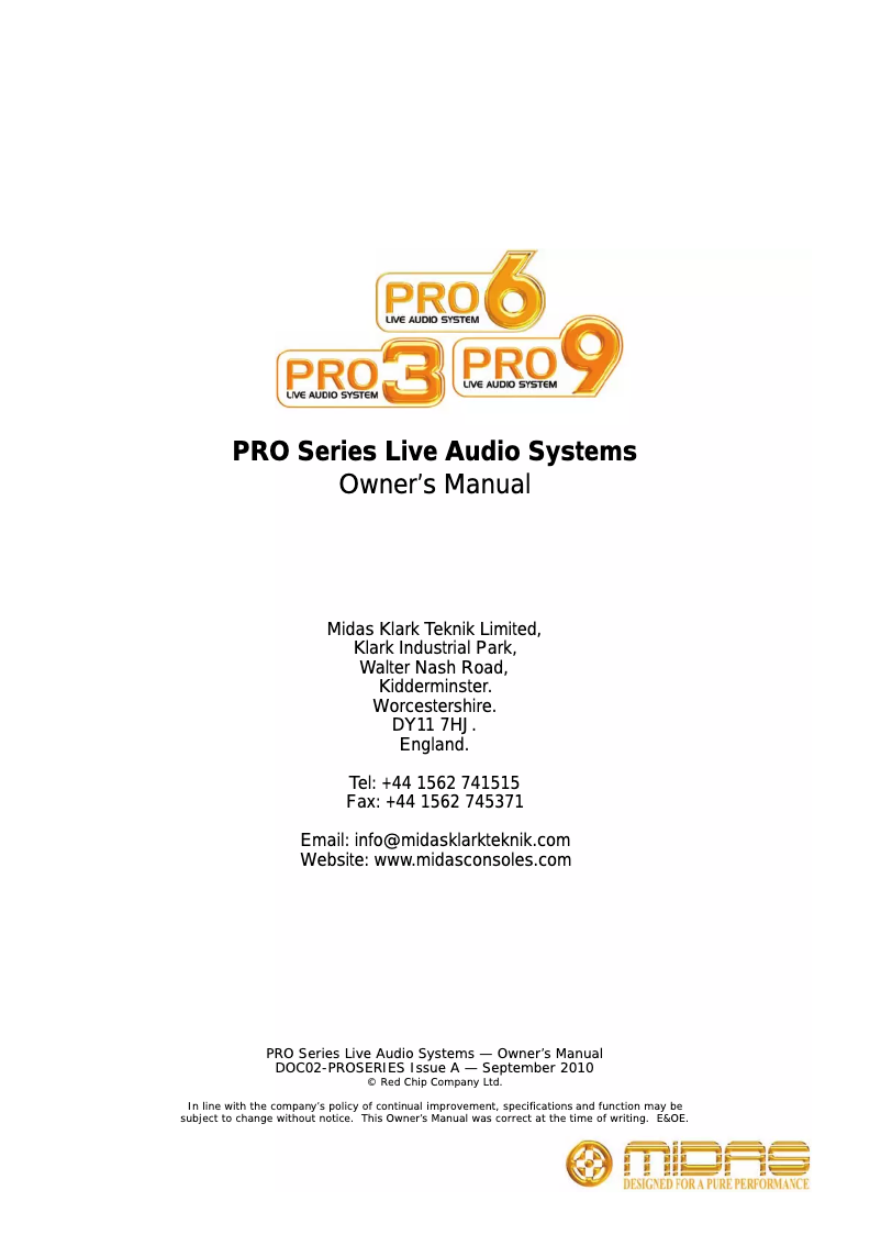 Page n°1 - Manuel utilisateur Midas PRO Series Live