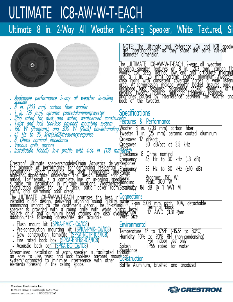 Page n°1 - Fiche technique Crestron ULTIMATE IC8-AW-W-T-EACH