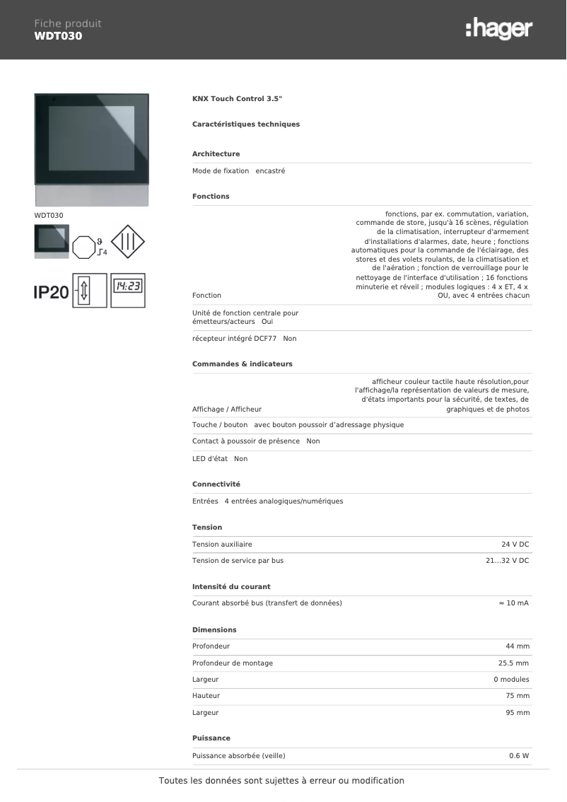Page 1 de la notice Fiche technique Hager WDT030