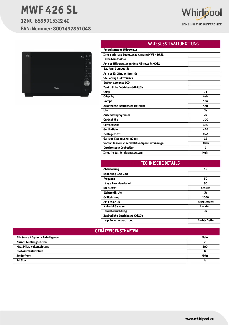Página 1 del manual Ficha técnica Whirlpool Extra Space Crisp MWF 426