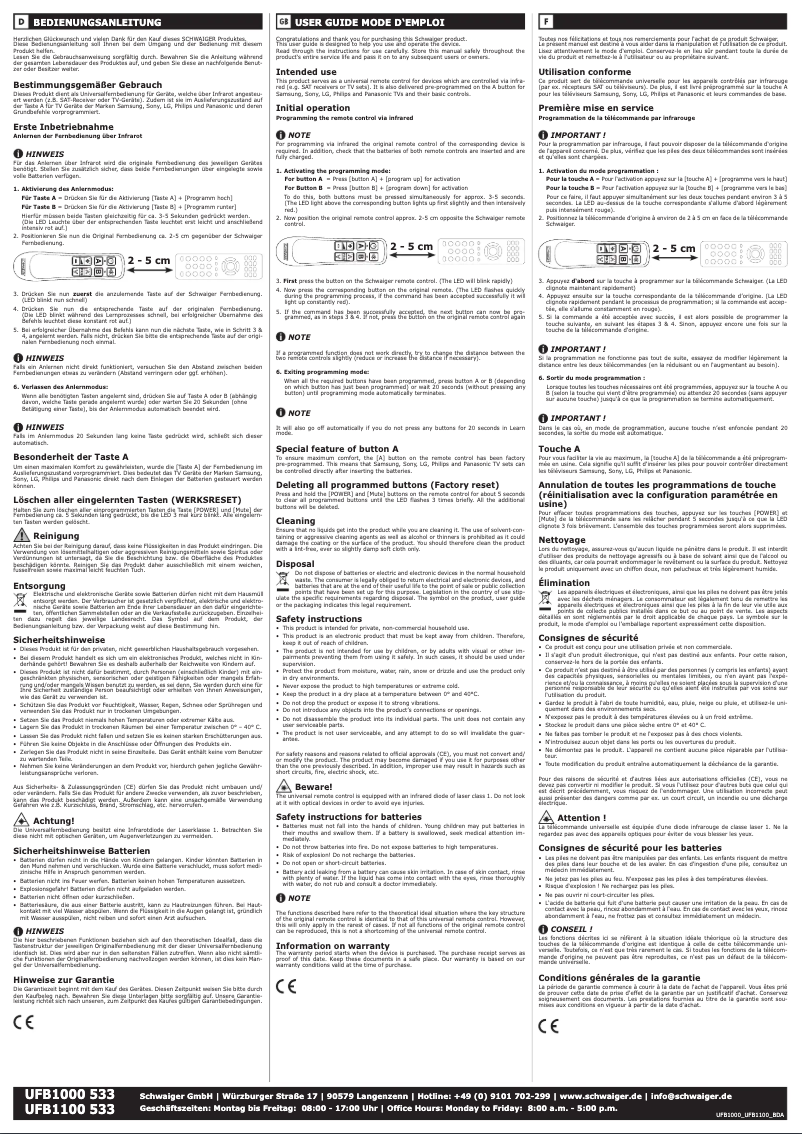 Page n°1 - Manuel utilisateur Schwaiger UFB1000 533