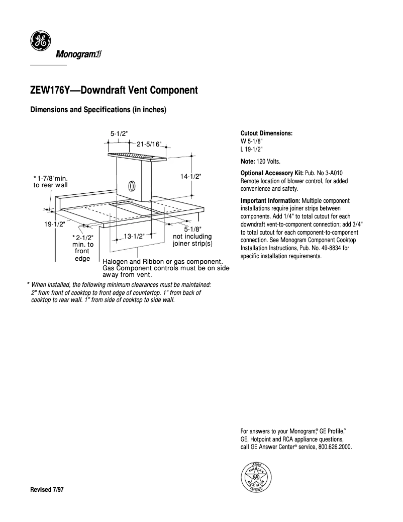 Page 1 de la notice Fiche technique GE ZEW176YSS