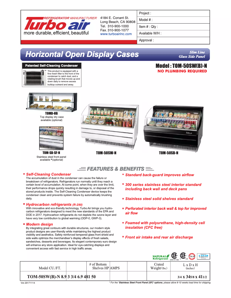 Page 1 de la notice Fiche technique Turbo air TOM-50S