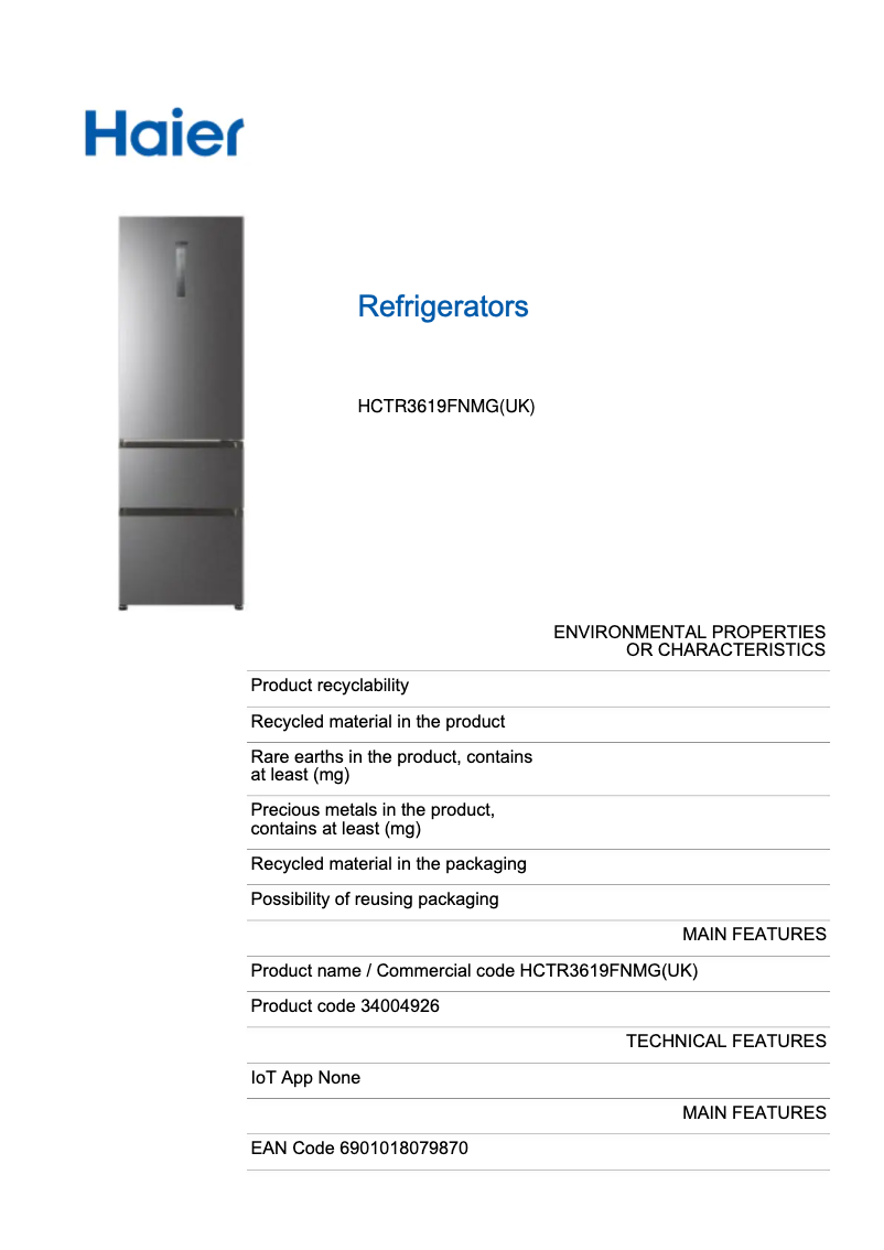 Page n°1 - Label énergétique Haier HCTR3619FNMG