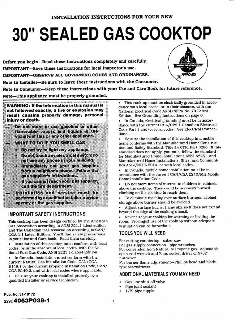 Page n°1 - Guide d'installation GE JGP336BEVBB