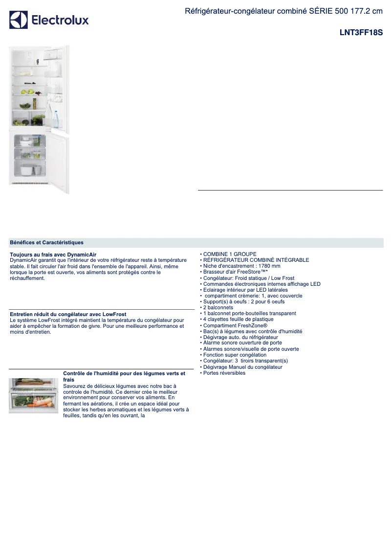 Page 1 de la notice Fiche technique Electrolux LNT3FF18S