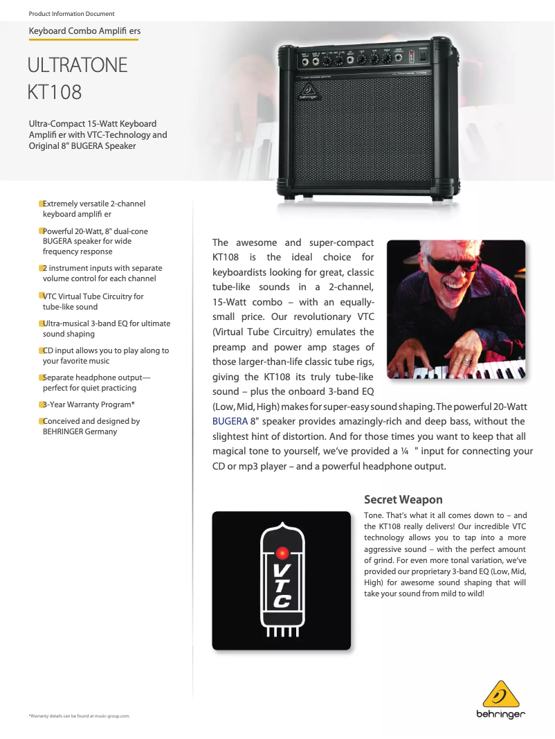 Page 1 de la notice Fiche technique Behringer Ultratone KT108