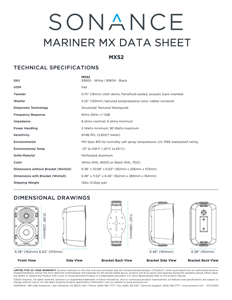 Page 1 de la notice Fiche technique Sonance Mariner MX52