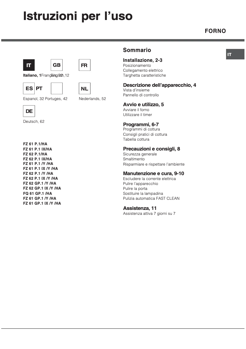 Page 1 de la notice Manuel utilisateur Hotpoint Ariston FZ 61 GP.1 IX /Y /HA