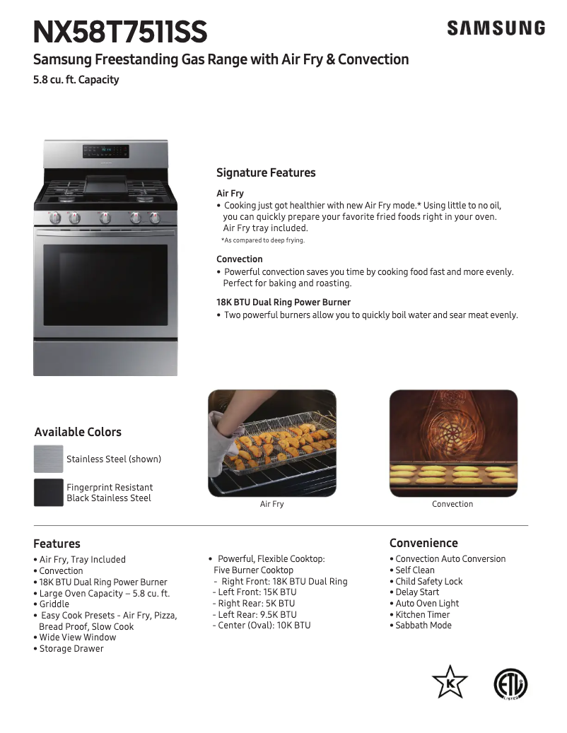 Page 1 de la notice Fiche technique Samsung NX58T7511SS/AA