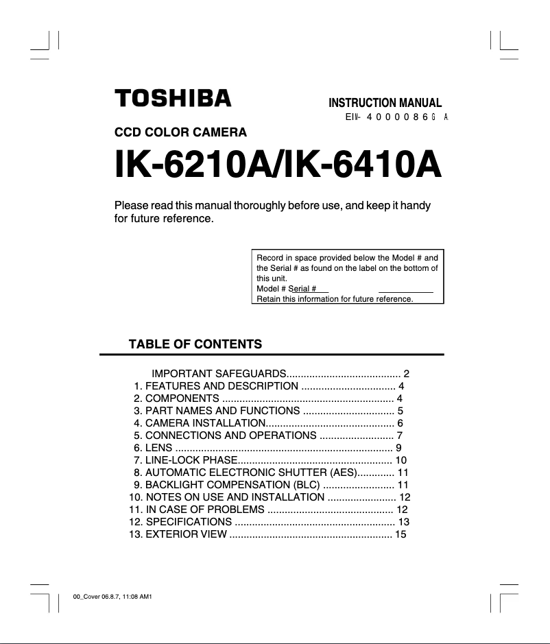 Page 1 de la notice Manuel utilisateur Toshiba IK-6210A