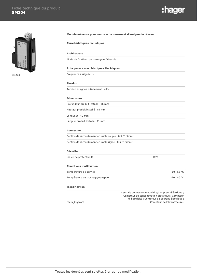 Page n°1 - Fiche technique Hager SM204