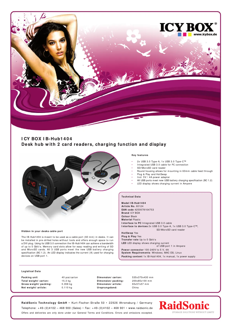 Page 1 de la notice Fiche technique Icy Box IB-HUB1404