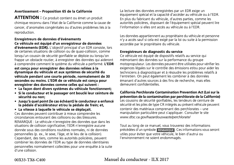 Page 1 de la notice Manuel utilisateur Acura ILX (2017)