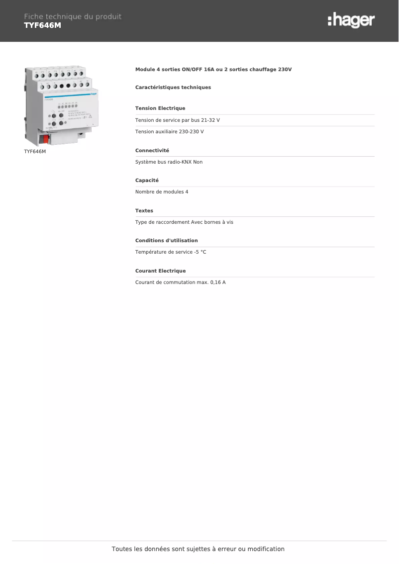 Page n°1 - Fiche technique Hager TYF646M
