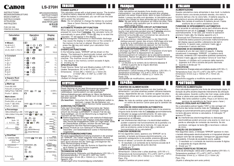 Page 1 de la notice Manuel utilisateur Canon LS-270H