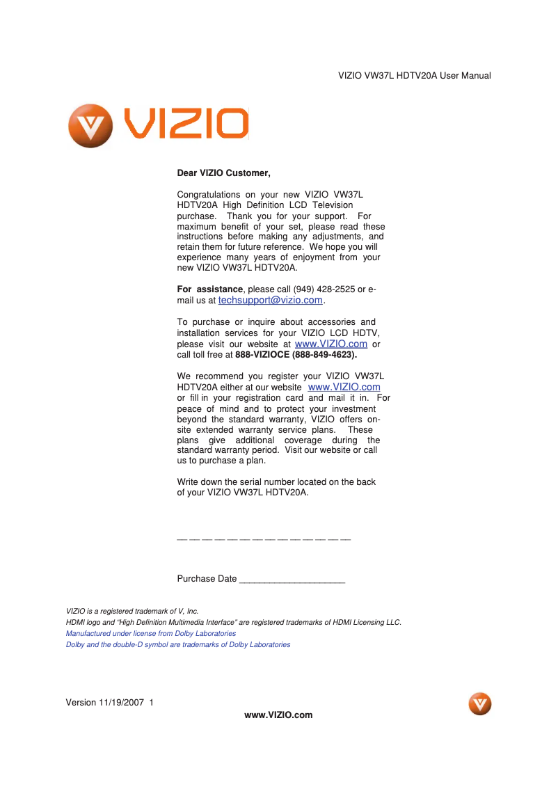 Page 1 de la notice Manuel utilisateur VIZIO VW37LHDTV20A