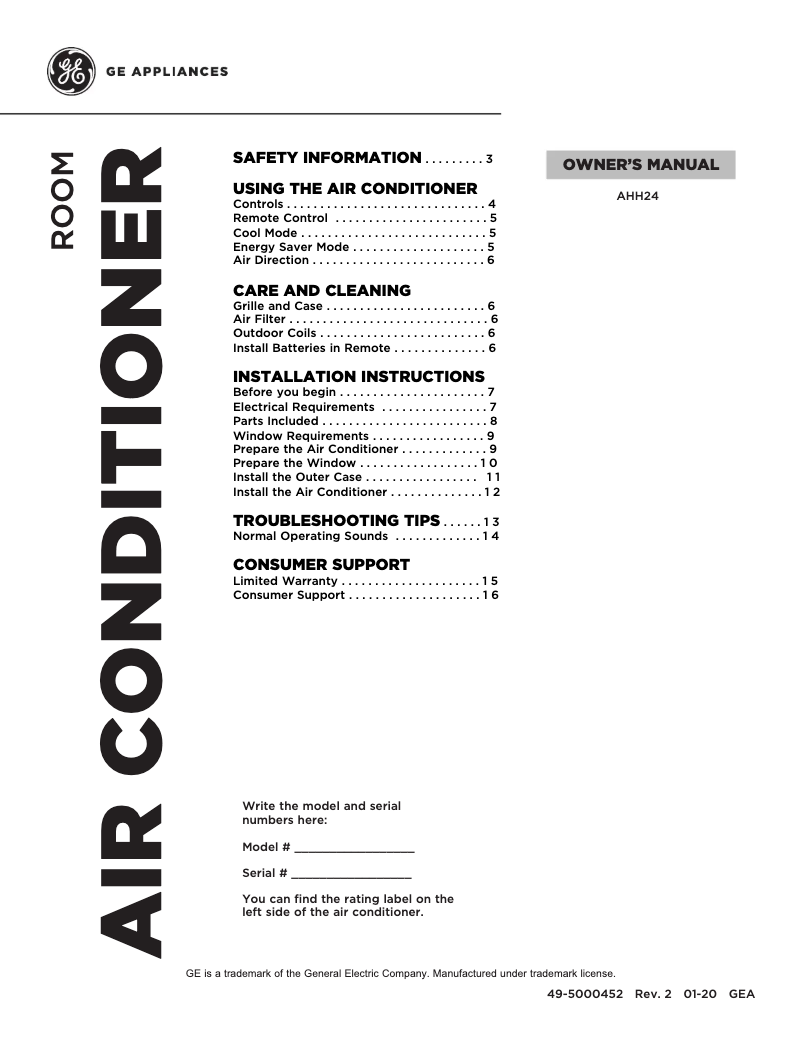 Page 1 de la notice Manuel d'utilisation et d'entretien GE AHH24DZ