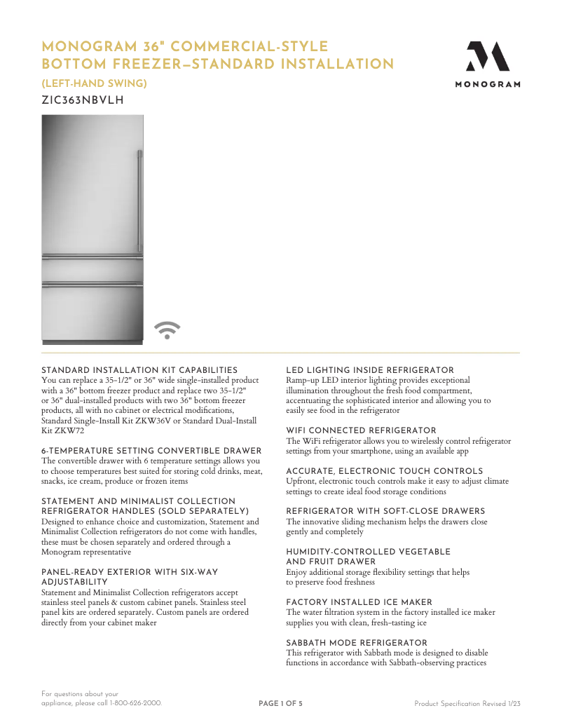 Página 1 del manual Ficha técnica Monogram ZIC363NBVLH