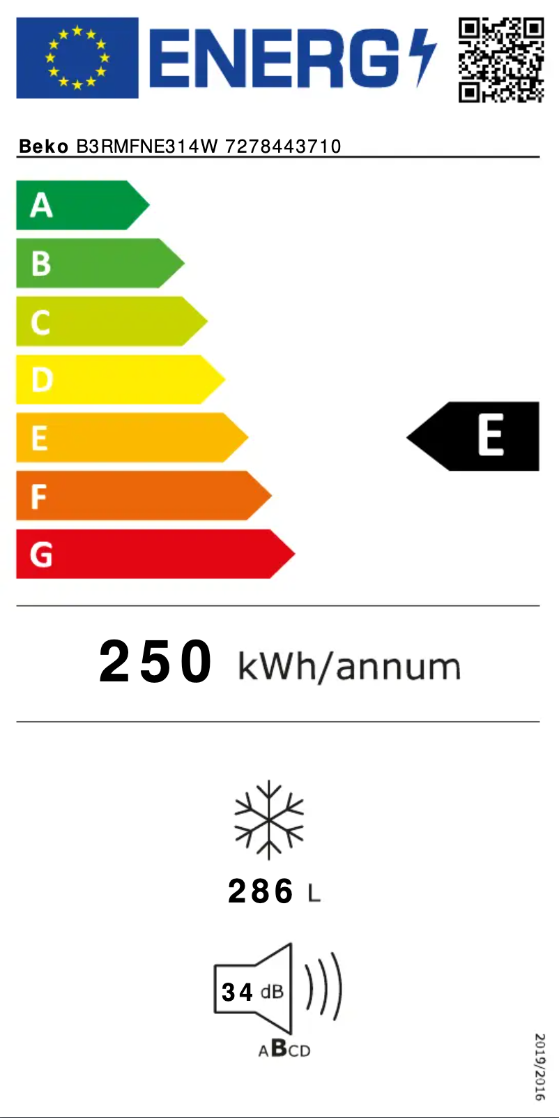 Page 1 de la notice Label énergétique Beko B3RMFNE314W
