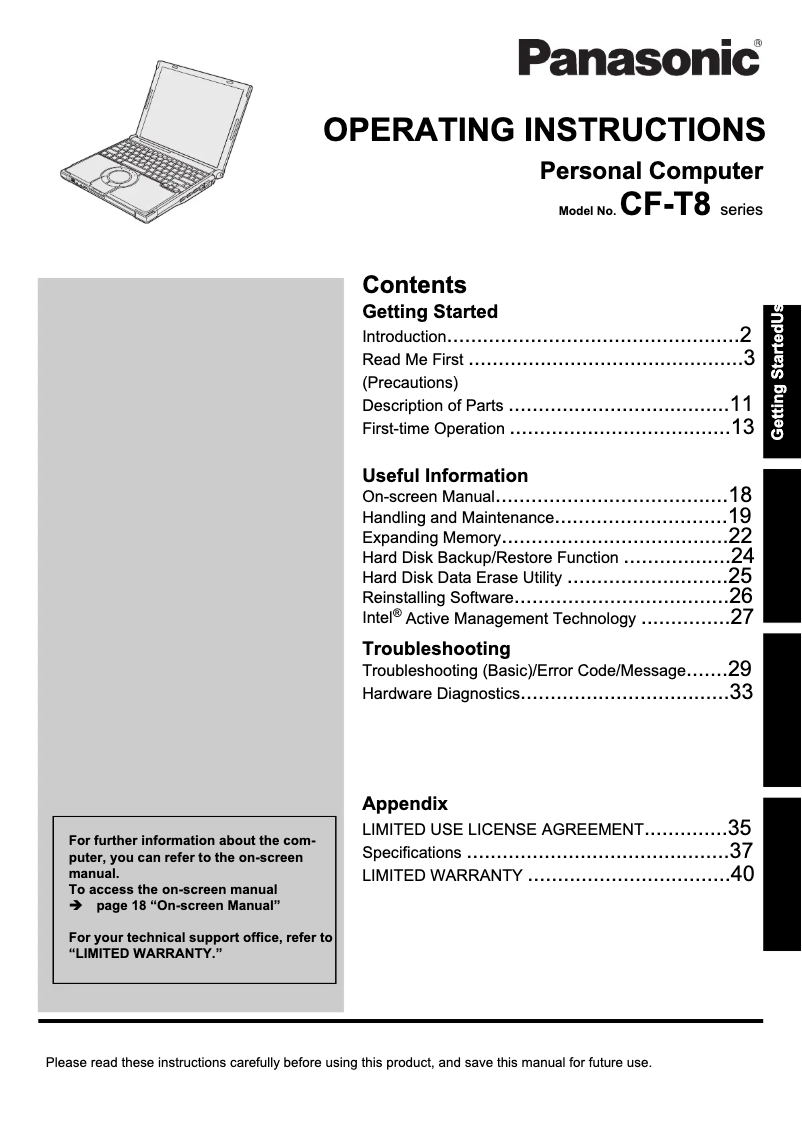 Page 1 de la notice Manuel utilisateur Panasonic Toughbook T8