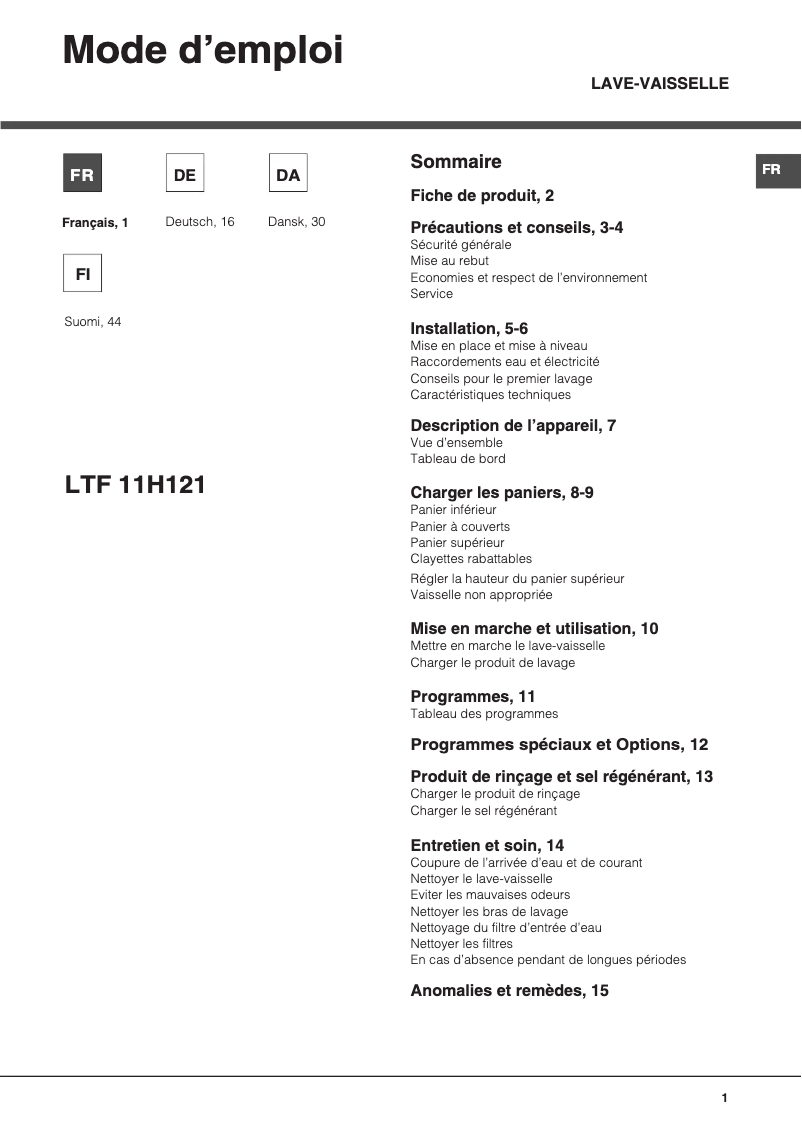 Page 1 de la notice Manuel utilisateur Hotpoint Ariston LTF 11H121 EU