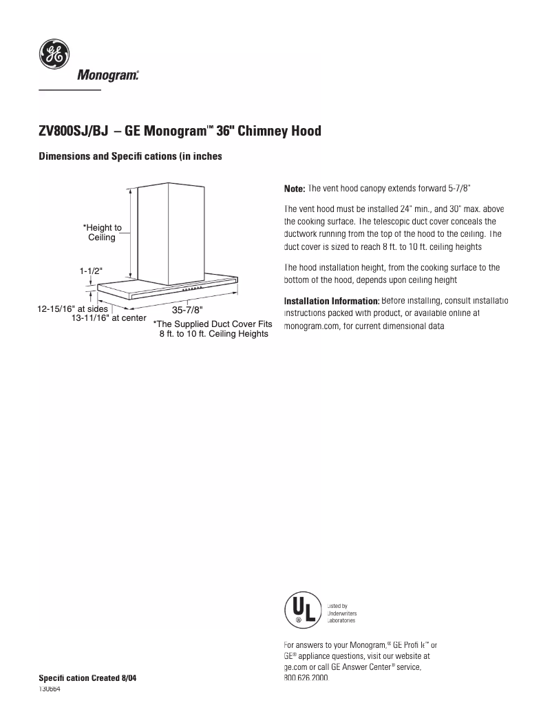 Page n°1 - Fiche technique Monogram ZV800SJSS