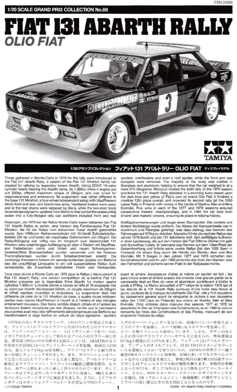 Image de la première page du manuel de l'appareil Fiat 131 Abarth Rally Olio Fiat