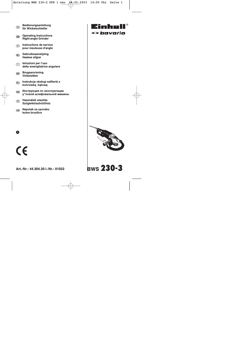 Page n°1 - Manuel utilisateur Bavaria by Einhell BWS 230/3