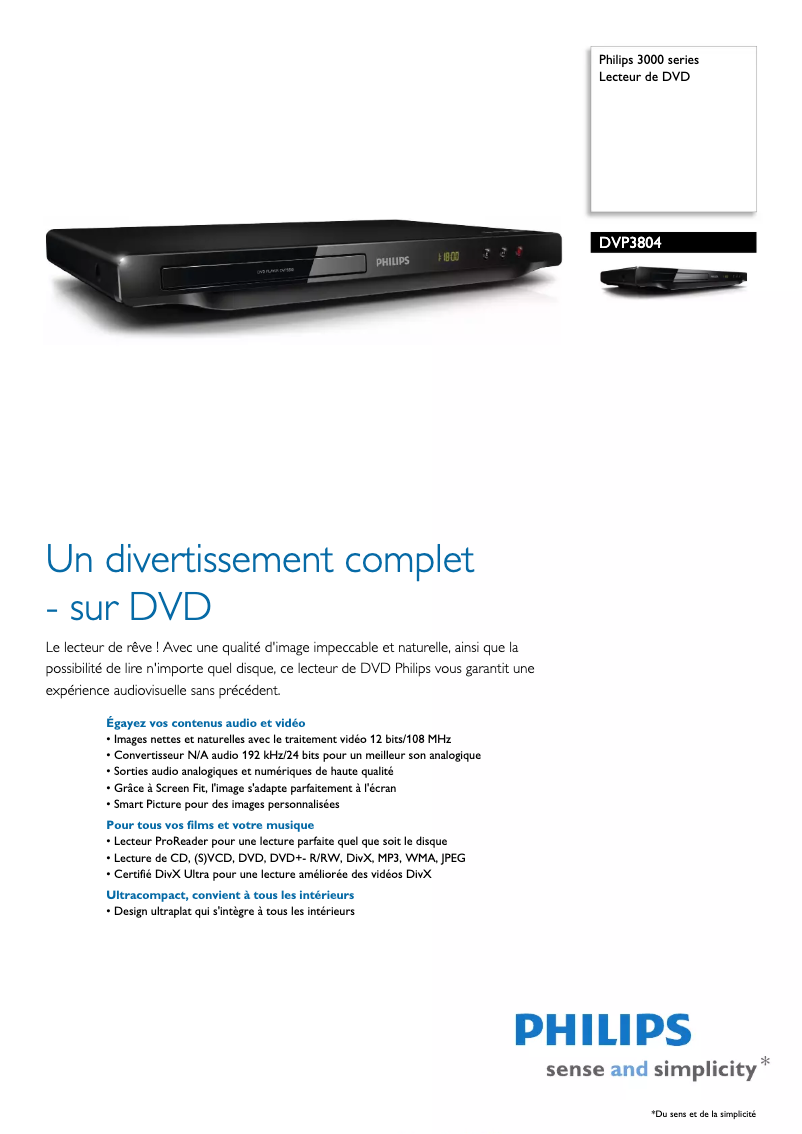 Page 1 de la notice Fiche technique Philips DVP3804