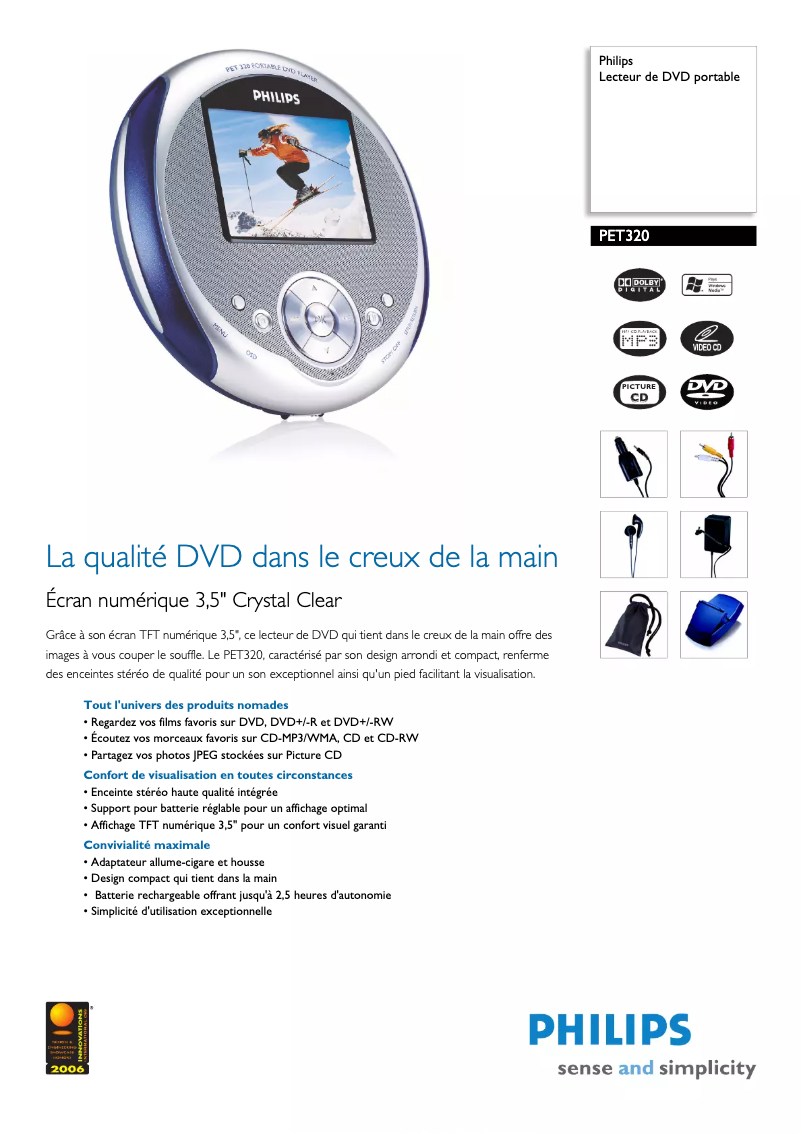 Page 1 de la notice Fiche technique Philips PET320