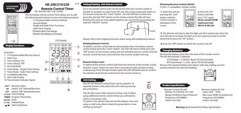 Page 1 de la notice Manuel utilisateur Home Easy HE-220