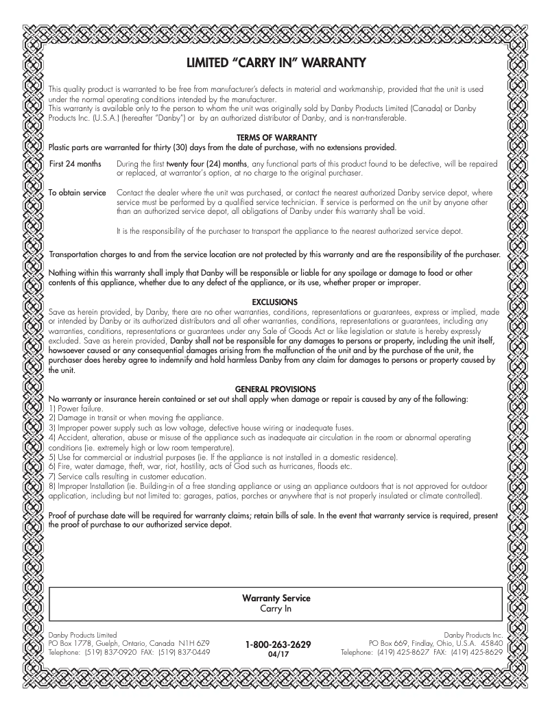 Página 1 del manual Información de garantía Danby DDR040BJWDB