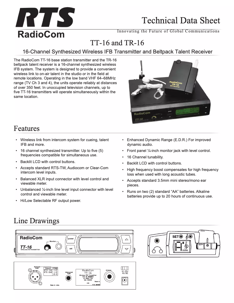 Page 1 de la notice Fiche technique RTS TR-16