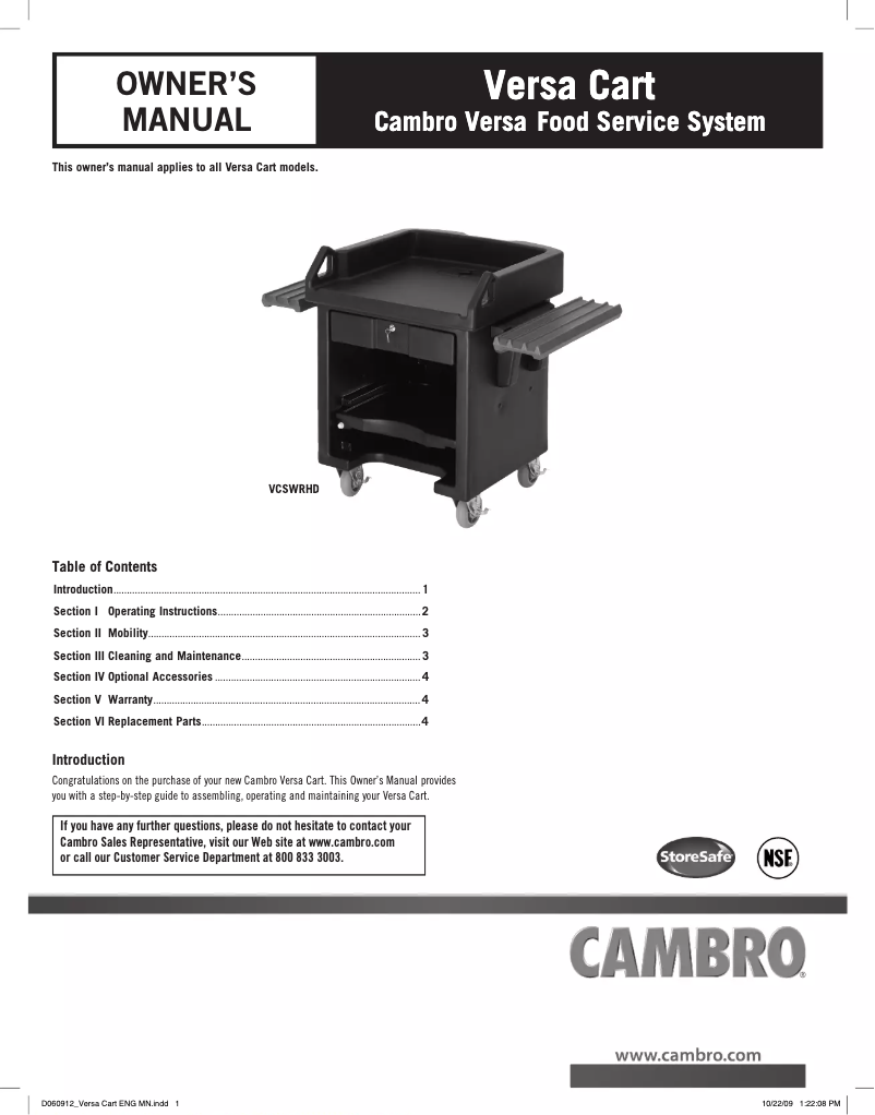 Page 1 de la notice Manuel utilisateur Cambro VCS519