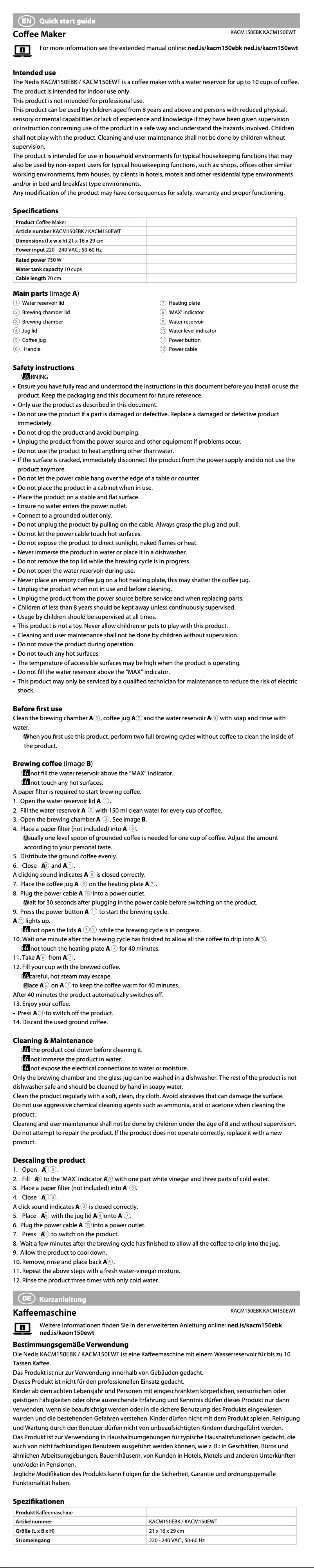 Image de la première page du manuel de l'appareil KACM150EWT