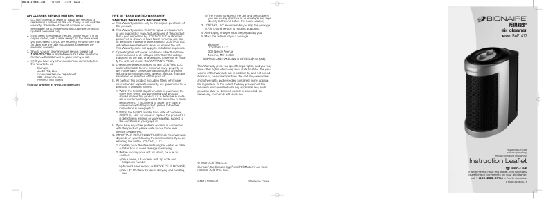 Page n°1 - Manuel utilisateur Bionaire HEPAtech BAP1412