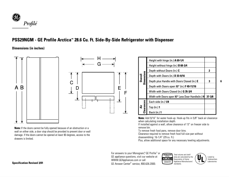 Page 1 de la notice Fiche technique GE Profile Arctica PSS29NGMBB