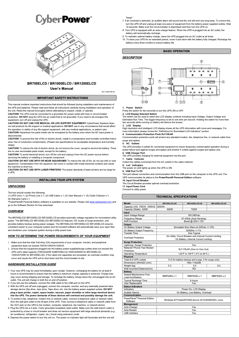Page 1 de la notice Manuel utilisateur CyberPower BR700ELCD