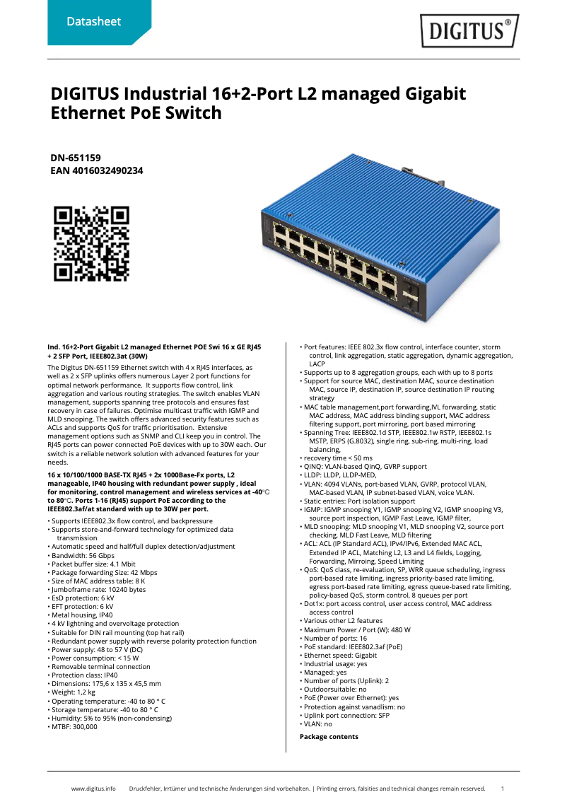 Page 1 of the manual Technical Sheet Digitus DN-651159