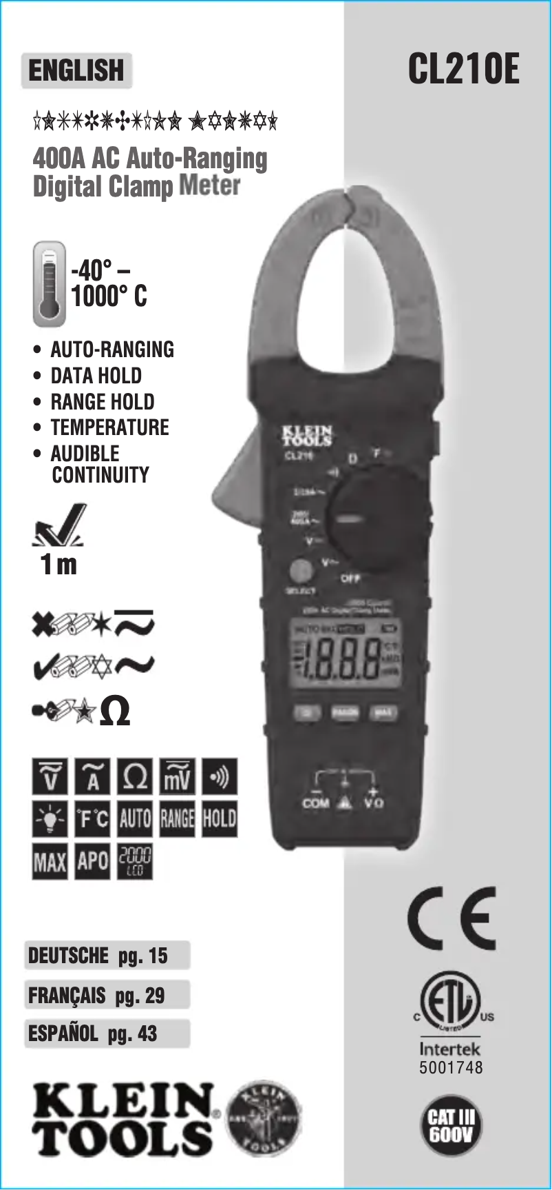 Page 1 de la notice Manuel utilisateur Klein Tools CL210