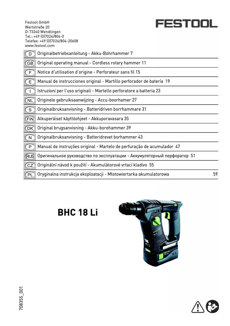 Page n°1 - Manuel utilisateur Festool BHC 18 Li-Basic
