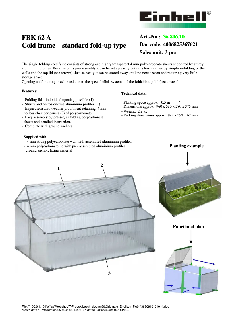 Página 1 del manual Ficha técnica Einhell FBK 62 A