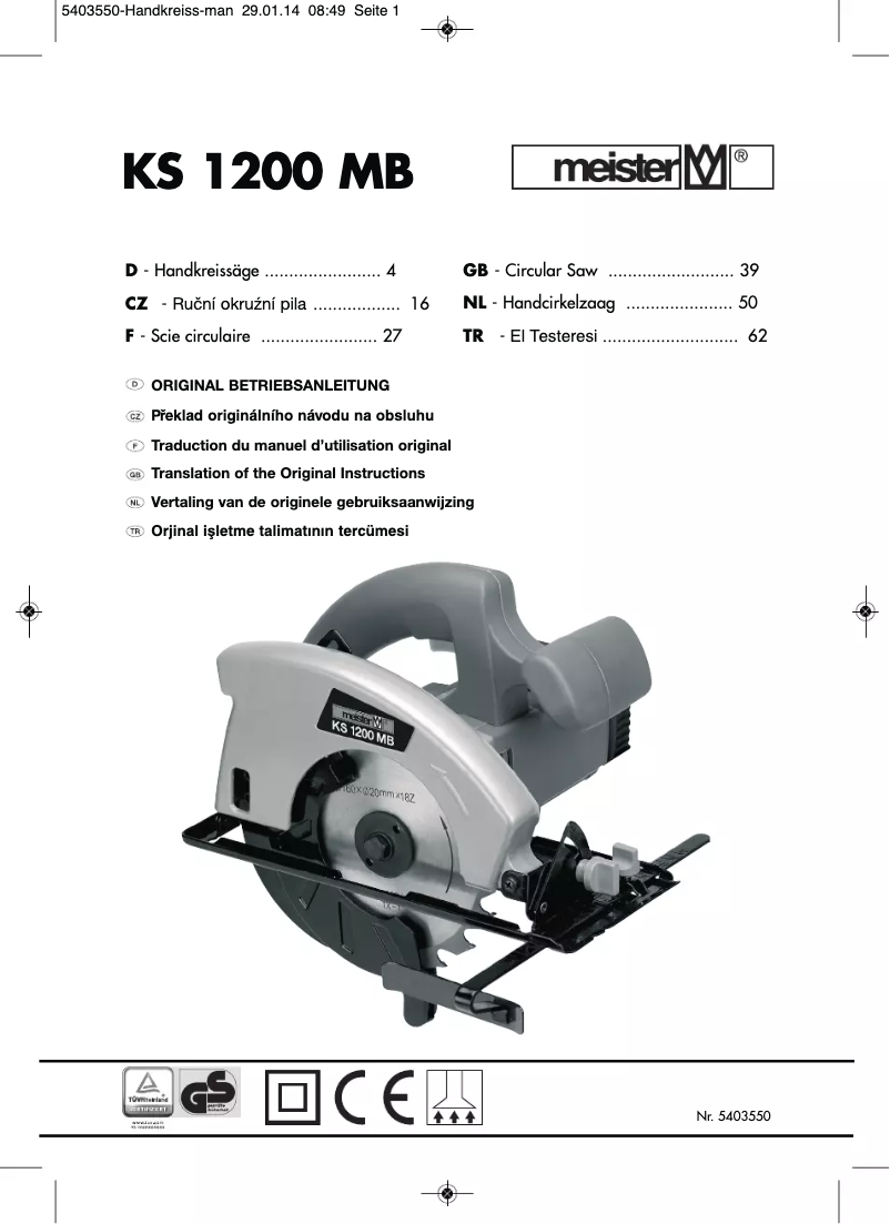 Page 1 de la notice Manuel utilisateur Meister Craft KS 1200 MB