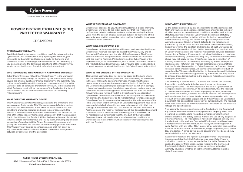 Page n°1 - Informations de garantie CyberPower Rackbar CPS1215RMS