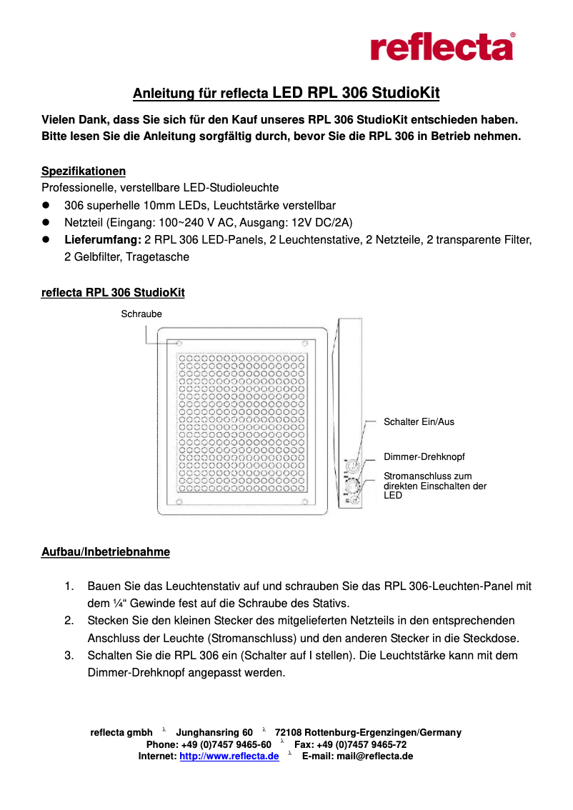 Page 1 de la notice Manuel utilisateur Reflecta RPL 306