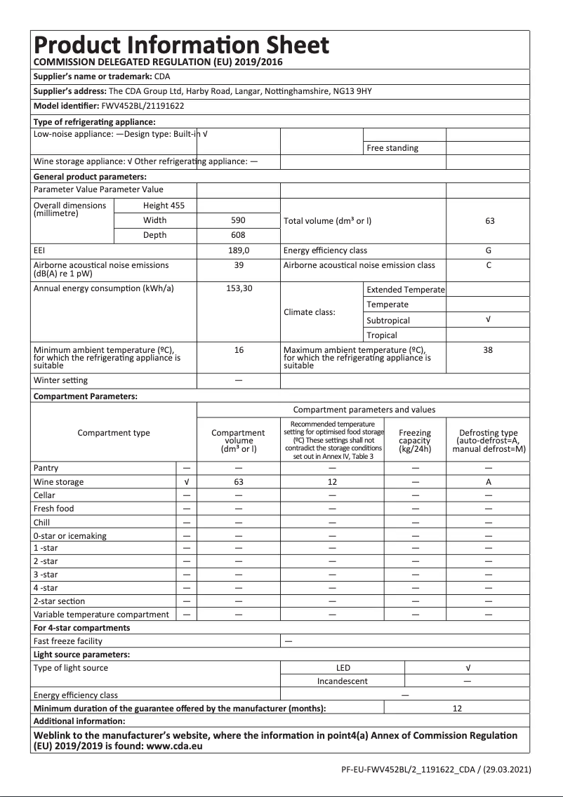 Page n°1 - Fiche technique CDA FWV452BL
