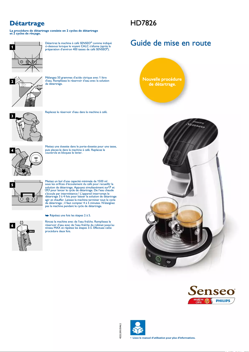 Page 1 de la notice Guide de démarrage rapide Philips Senseo Viva Café Eco HD7826