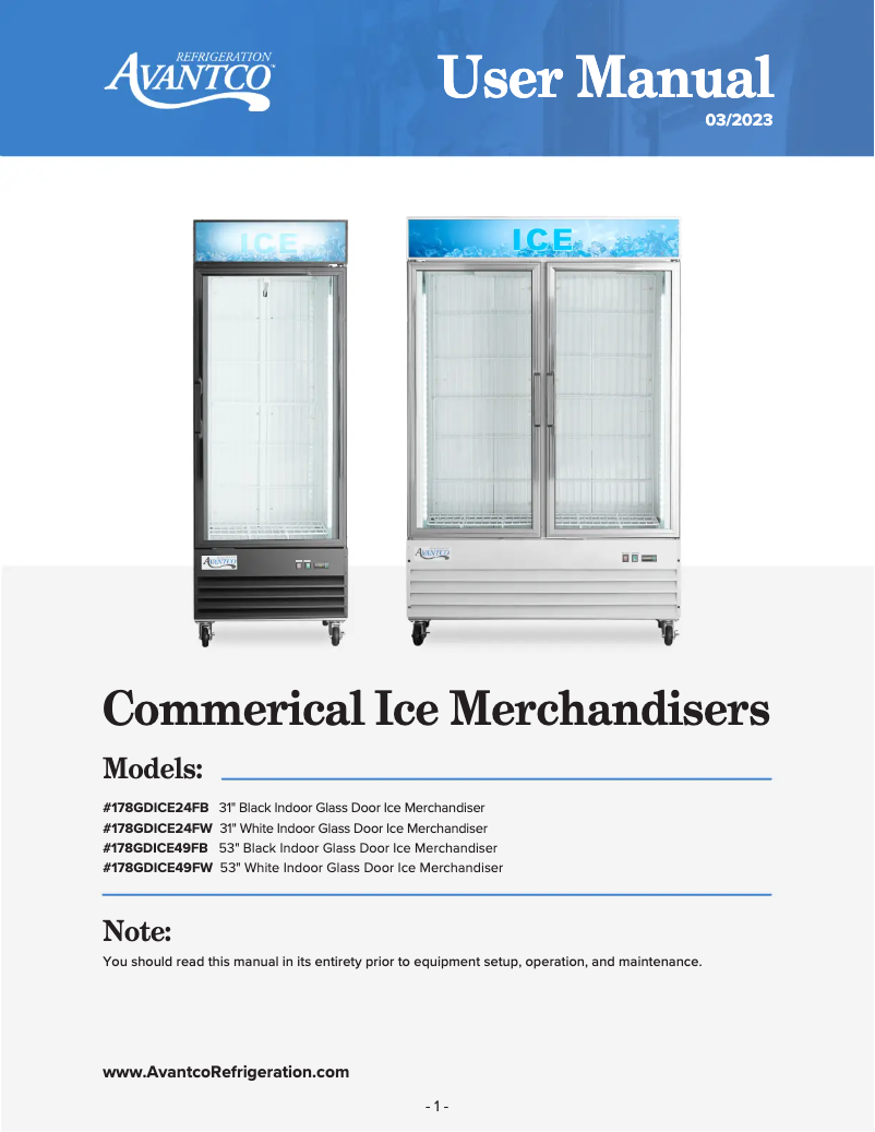 Page 1 de la notice Manuel utilisateur Avantco GD-ICE-49F